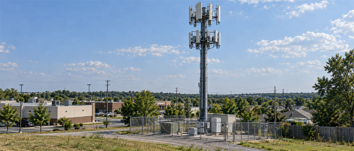 A cellular communications tower with multiple antennas stands behind a fenced equipment enclosure in a suburban area.