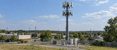 A cellular communications tower with multiple antennas stands behind a fenced equipment enclosure in a suburban area.