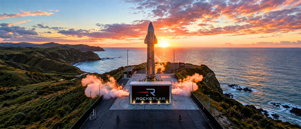 Rocket Lab rocket stands on a coastal launch pad with vapor clouds and the Rocket Lab logo visible at sunset.