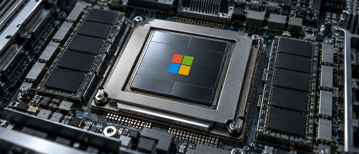 Microsoft logo displayed on a computer chip mounted on a circuit board surrounded by memory modules.