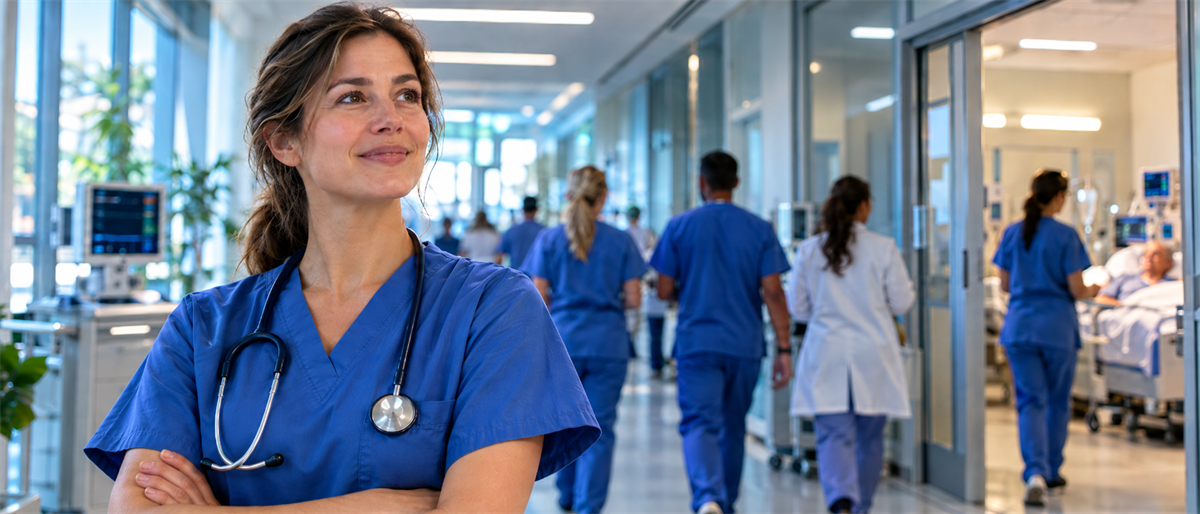 A nurse in blue scrubs with a stethoscope stands in a hospital hallway as staff attend to patients nearby.