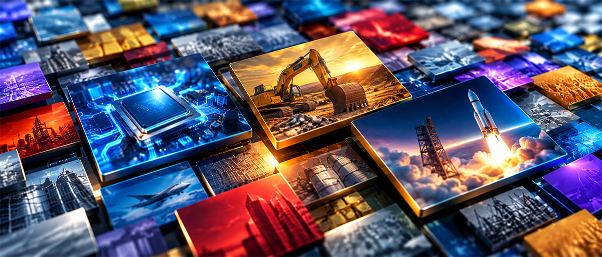 Grid of tiles depicting various industries, including a computer chip, excavator, rocket launch, and city skylines.