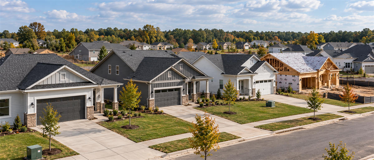 Row of newly built single-family homes in a suburban subdivision, with one house still under construction.