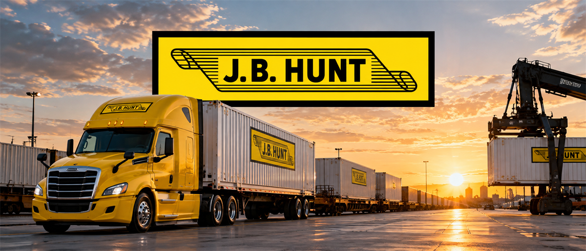 J.B. Hunt logo above a yellow truck and intermodal shipping containers at a rail yard during sunset.