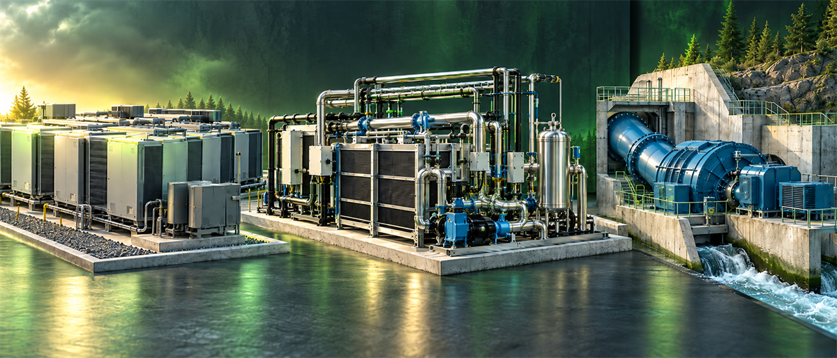 Industrial energy facility with cooling units, piping systems, and a large turbine beside flowing water.