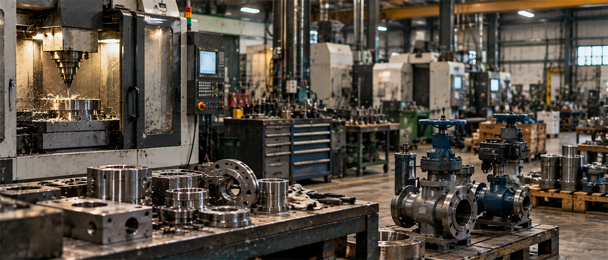 Industrial manufacturing floor with CNC machining equipment, metal valves, and machined parts on a workbench.