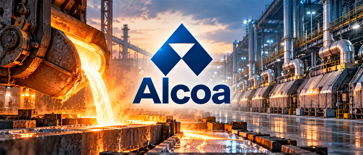 Alcoa logo over an aluminum smelting facility with molten metal being poured on the production floor.