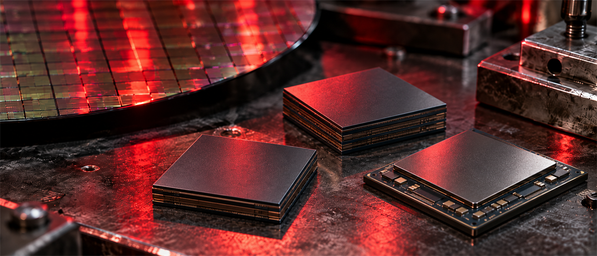 Semiconductor chips and a silicon wafer rest on a metal surface under red industrial lighting.