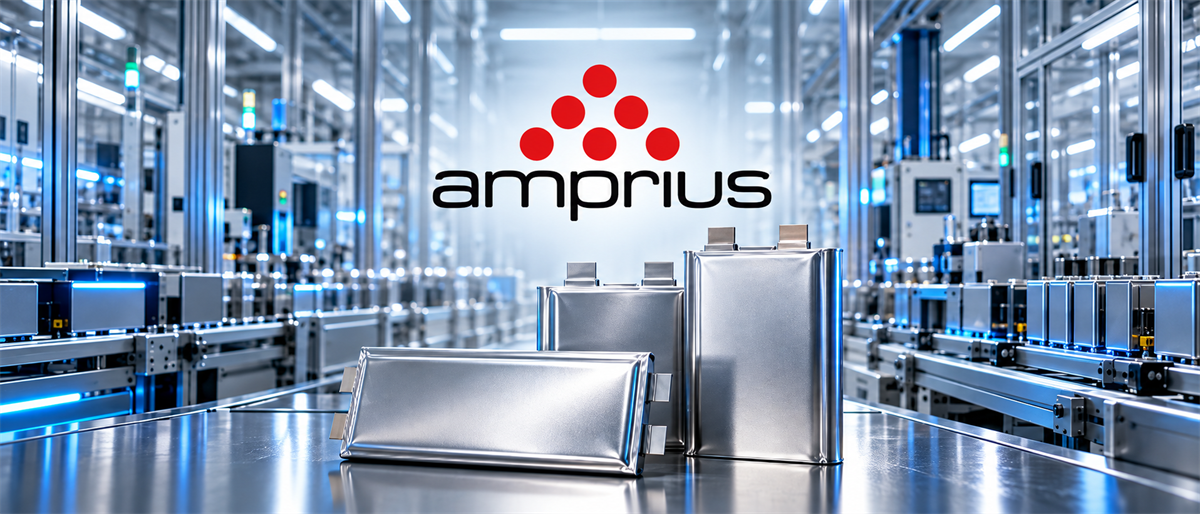 Amprius Technologies logo above battery cells displayed on a production line in a manufacturing facility.