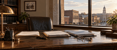 Executive office desk with documents, glasses, and a leather chair overlooking a town square at sunset.