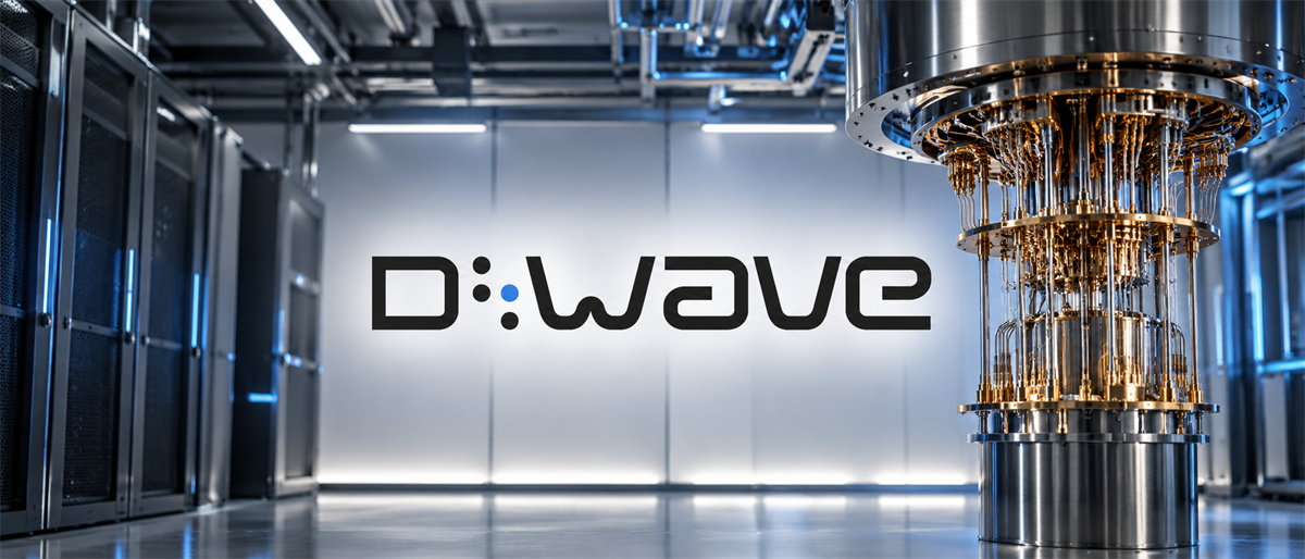 D-Wave logo on a wall beside a quantum computing cryostat in a data center setting.
