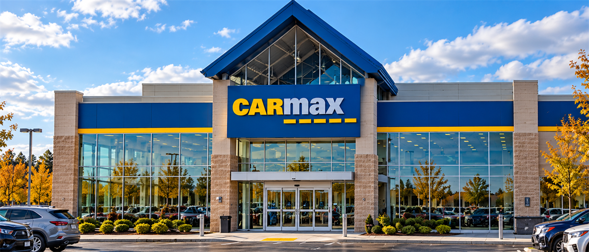 Exterior of a CarMax dealership showing the storefront, logo signage, and parking lot with vehicles.