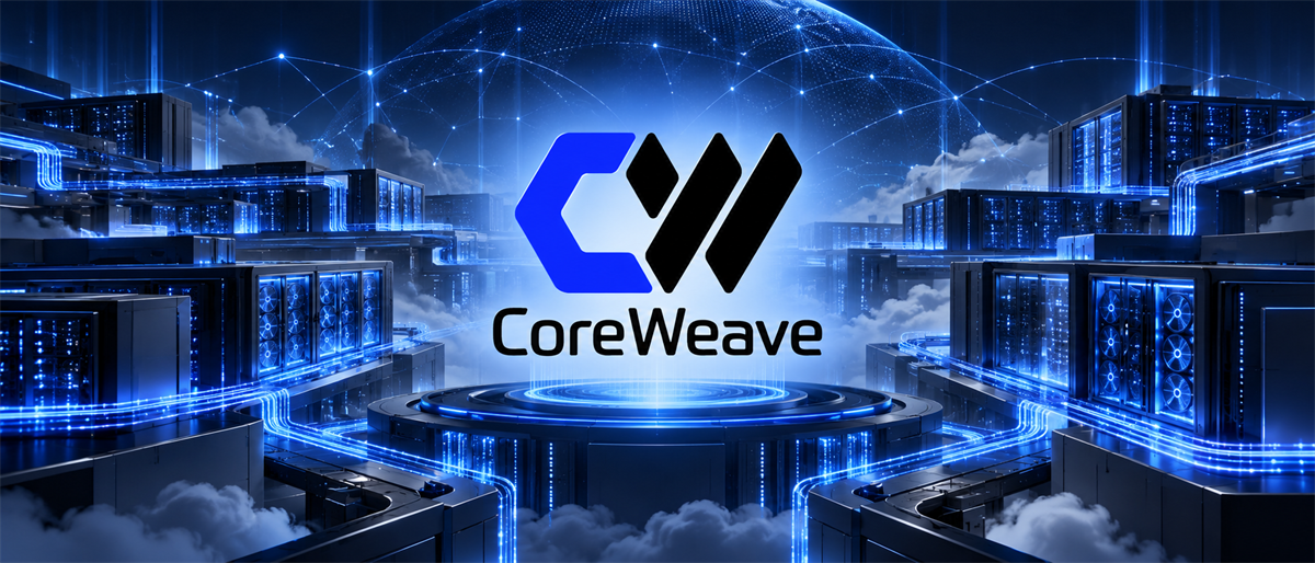 CoreWeave logo displayed above a server data center illustration with glowing blue network connections and a globe.