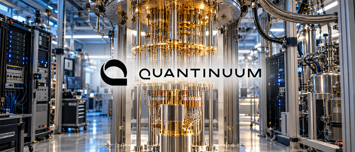 Quantinuum logo overlaid on a gold-colored dilution refrigerator used for quantum computing in a lab setting.