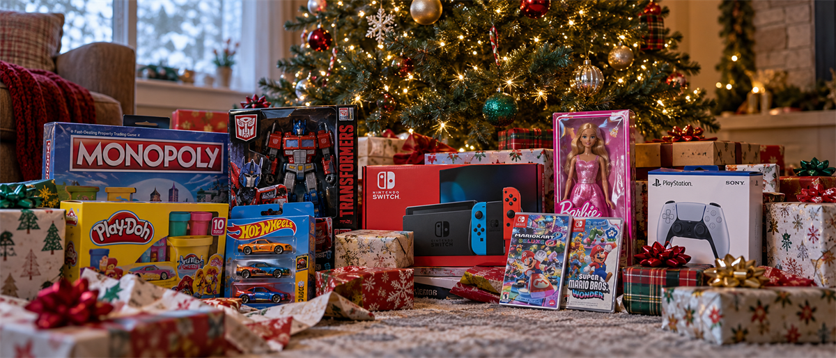 Holiday gifts under a Christmas tree, including Monopoly, Play-Doh, Transformers, Nintendo Switch, Barbie, PlayStation, and Hot Wheels boxes.