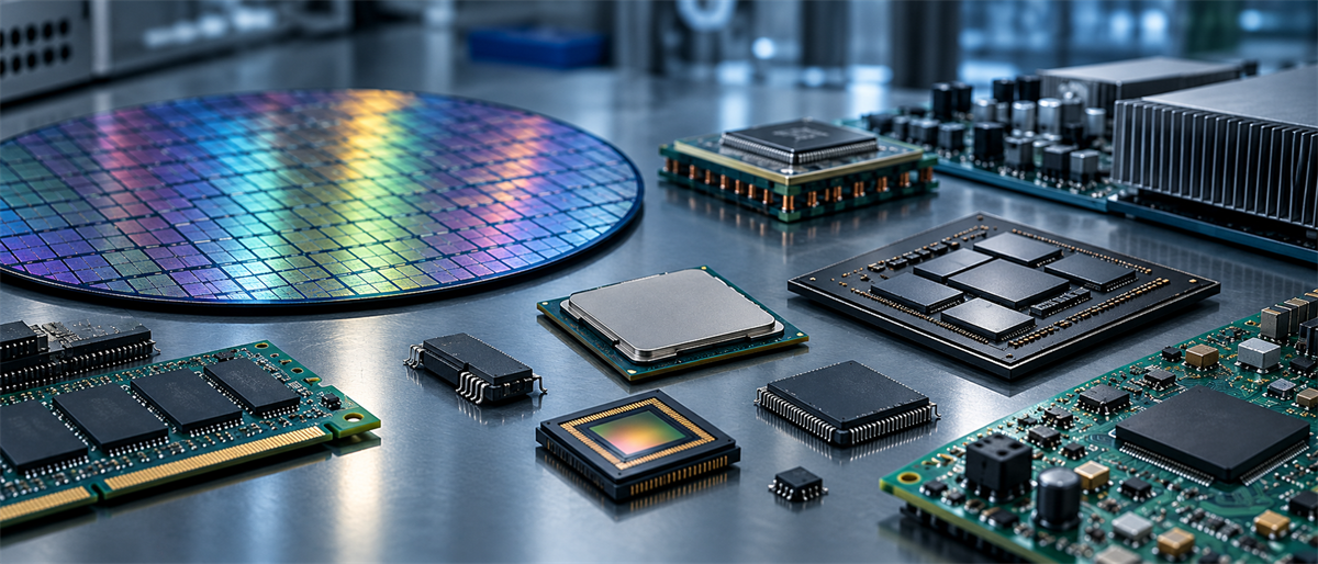 A silicon wafer, memory modules, processor chips, and circuit boards arranged on a metallic surface.