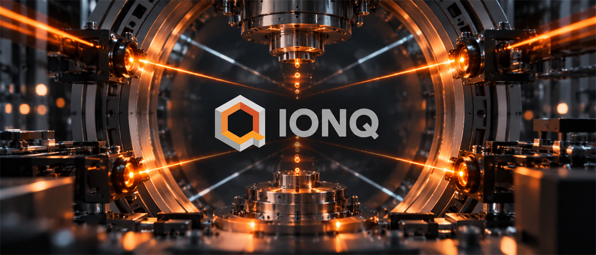 IonQ logo centered within an illustration of quantum computing hardware featuring glowing orange laser beams.