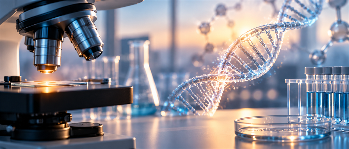 Laboratory scene with a microscope, glassware, test tubes, and a digital DNA double helix illustration.