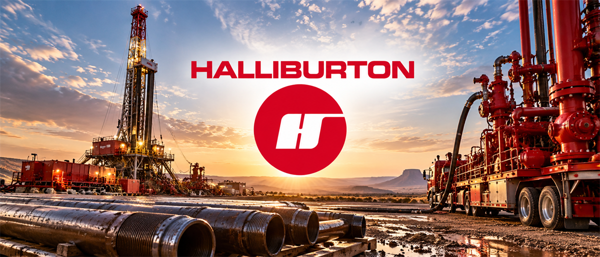 Halliburton logo over an oilfield drilling rig and equipment truck with pipes at sunset.