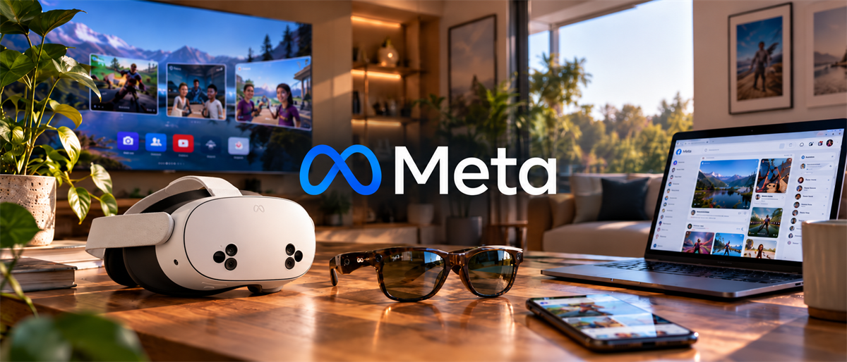 Meta logo displayed beside a VR headset, smart glasses, laptop, and smartphone on a desk in a living room setting.