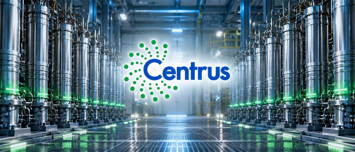 Centrus Energy logo displayed over rows of metal enrichment equipment in an industrial facility.