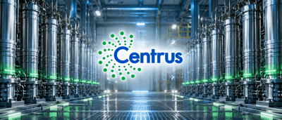Centrus Energy logo displayed over rows of metal enrichment equipment in an industrial facility.
