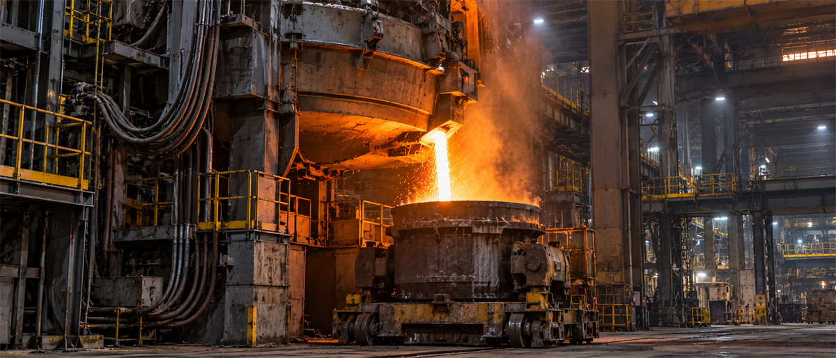 Molten steel pours from an industrial furnace into a ladle inside a steel manufacturing plant.