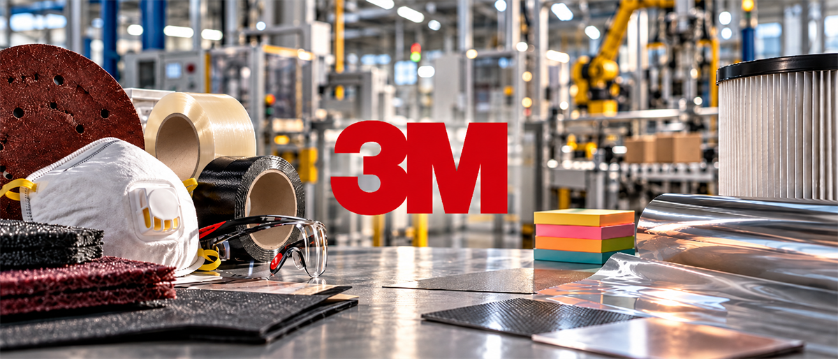 3M logo displayed over an array of company products, including abrasives, respirators, tape, and filters in a factory setting.
