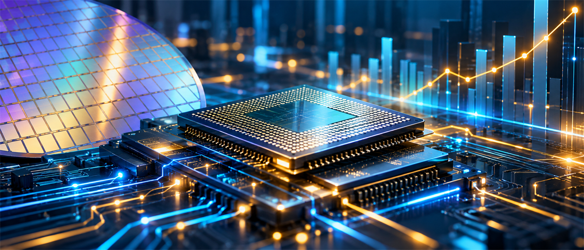 Illustration of a semiconductor chip and silicon wafer on a circuit board with an ascending stock price chart.