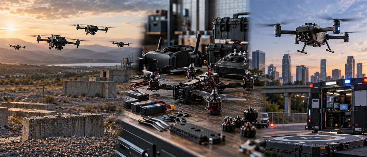 Composite image of drones flying over rural and urban settings, with drone equipment, controllers, and a mobile command vehicle.