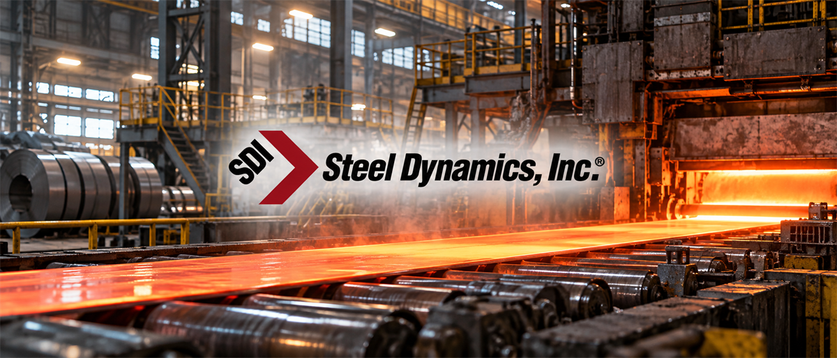 Steel Dynamics, Inc. logo overlaid on a steel mill interior with glowing hot metal sheet on a production line.