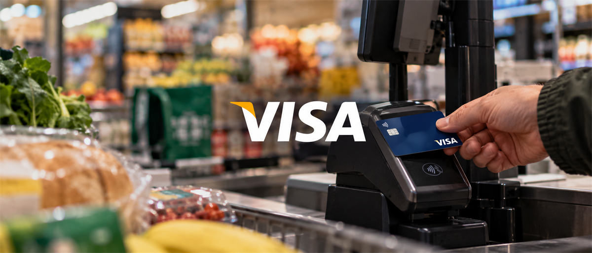 A hand taps a Visa card on a payment terminal at a grocery store checkout, with the Visa logo overlaid.