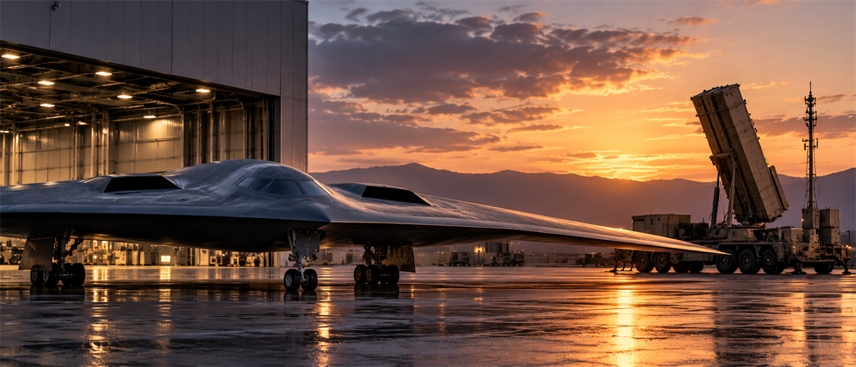 A stealth bomber aircraft parked outside a hangar near a mobile missile launcher system at sunset.