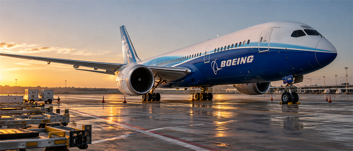 A Boeing aircraft with the Boeing logo parked on an airport tarmac at sunset.