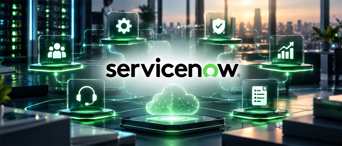 ServiceNow logo surrounded by glowing icons representing cloud computing, security, support, and analytics in an office setting.