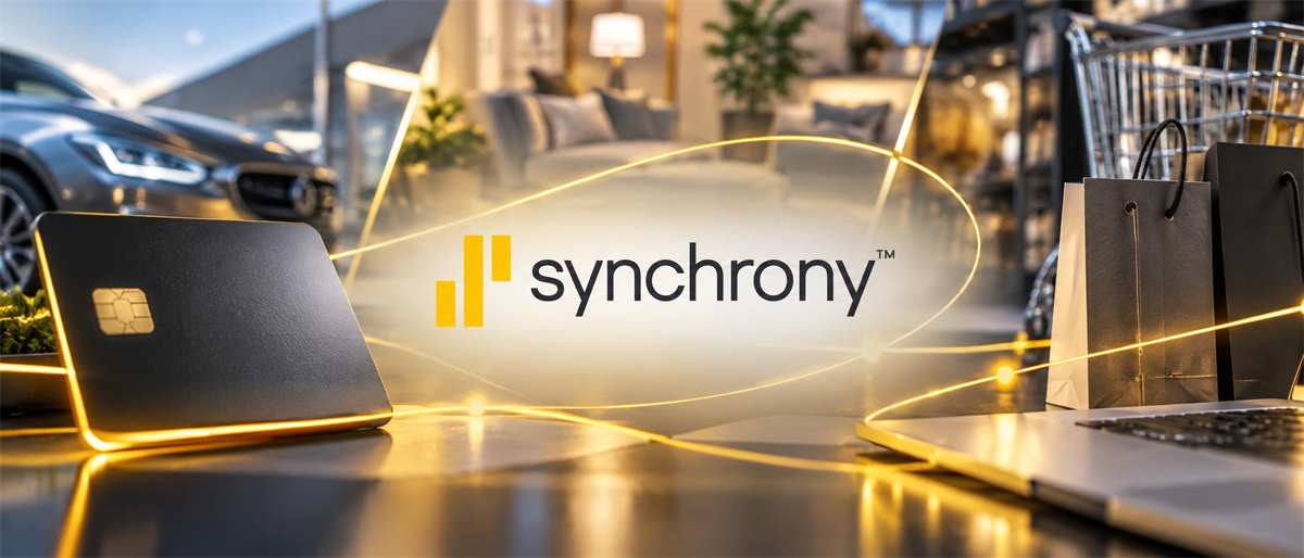 Synchrony logo surrounded by a credit card, car, shopping bags, and laptop, representing consumer finance categories.