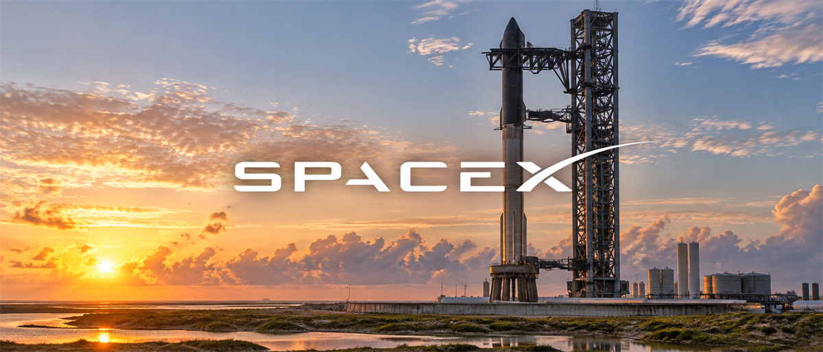 SpaceX logo overlaid on a photo of a rocket on the launch tower at sunset.