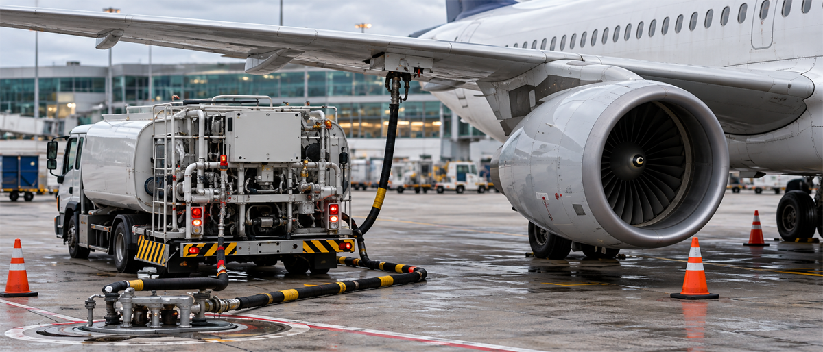 A fuel tanker truck refuels a commercial jet's wing on an airport tarmac, with the engine visible nearby.