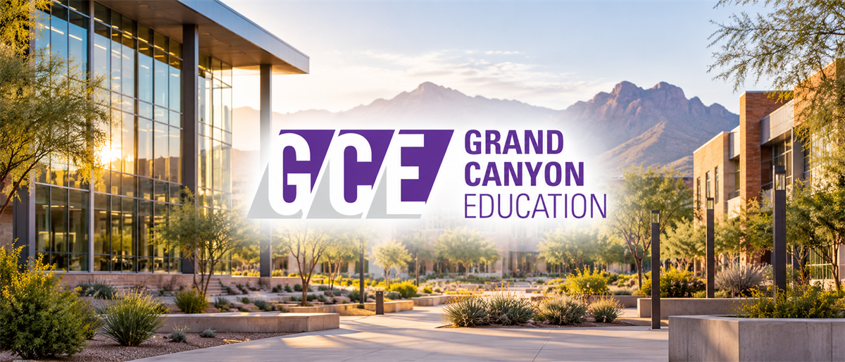 Grand Canyon Education (GCE) logo overlaid on a campus courtyard with modern buildings and mountains in the background.