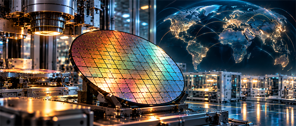 Illustration of a semiconductor wafer in a manufacturing facility with a digital world map showing global network connections.