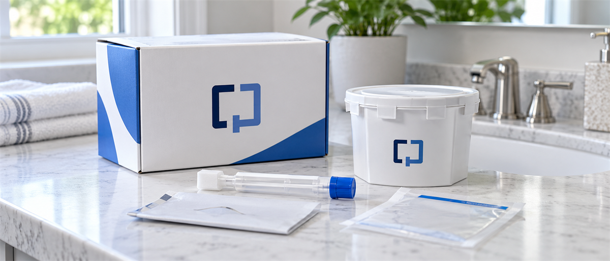 Branded box, container, syringe applicator, and sealed packets with a CP logo displayed on a bathroom counter.