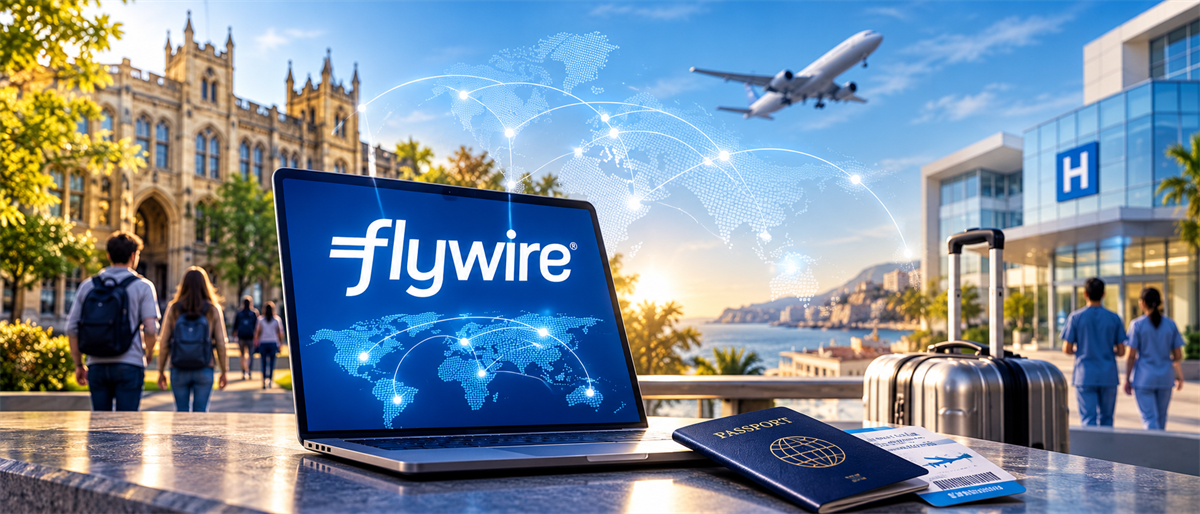 Laptop displaying the Flywire logo and world map graphic, with a passport, luggage, airplane, and campus and hospital buildings nearby.