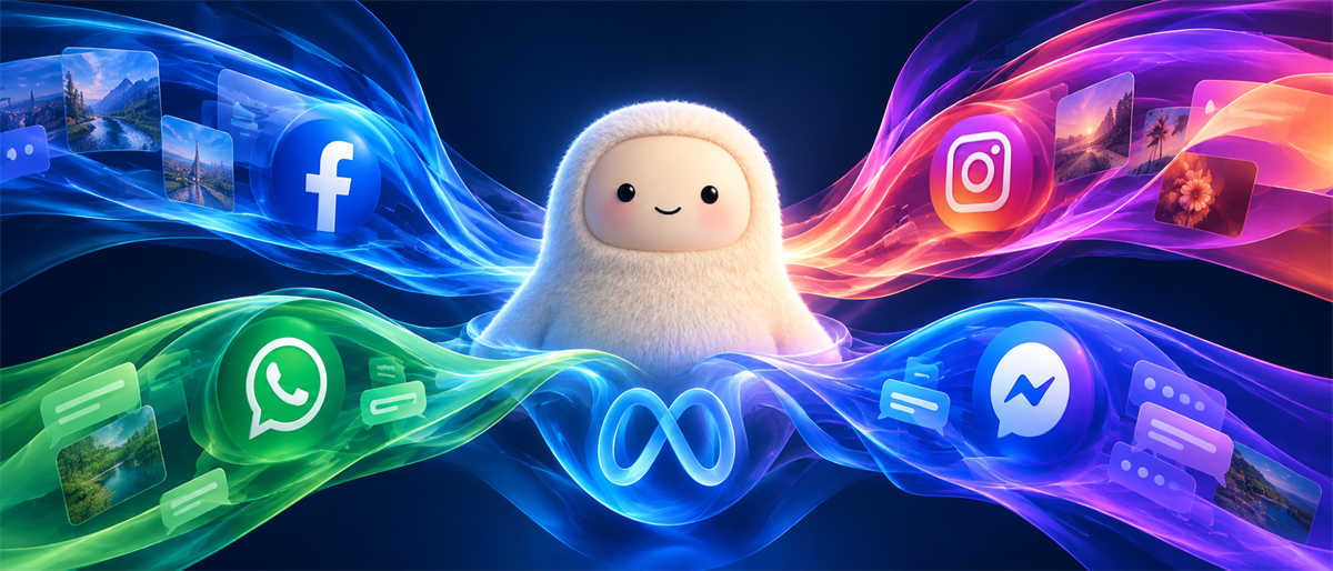 Illustration of a plush mascot surrounded by swirling light and the Meta infinity logo with Facebook, Instagram, WhatsApp, and Messenger icons.