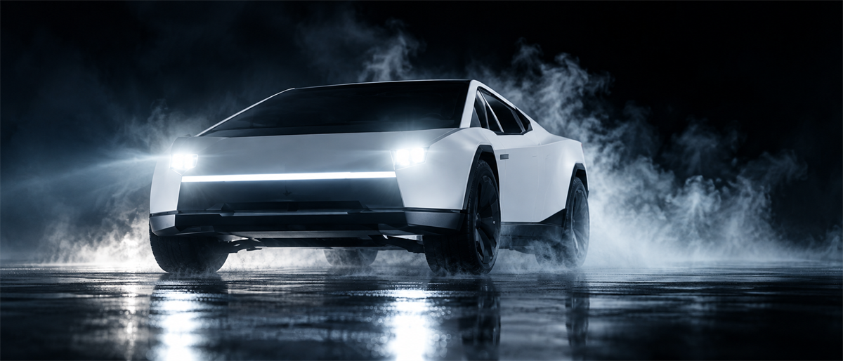 White electric concept car with illuminated front light bar, shown on wet pavement amid swirling smoke effects.