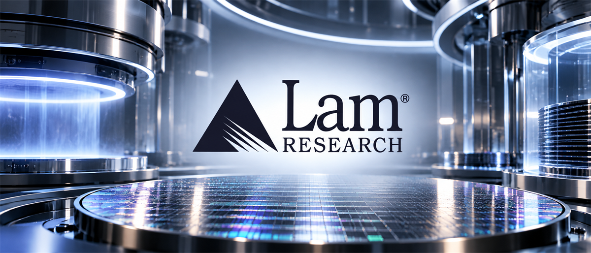 Lam Research logo displayed above a semiconductor wafer in a chip manufacturing equipment setting.