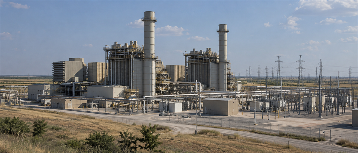 Natural gas-fired power plant with exhaust stacks, pipelines, and an adjacent electrical substation with transmission towers.
