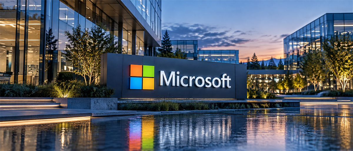Illuminated Microsoft logo and sign displayed on a monument outside glass office buildings at dusk.