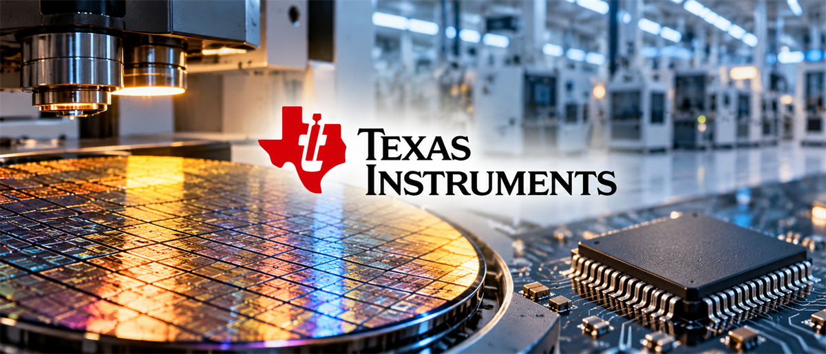 Texas Instruments logo overlaid on a semiconductor wafer, microchip on a circuit board, and a factory production line.