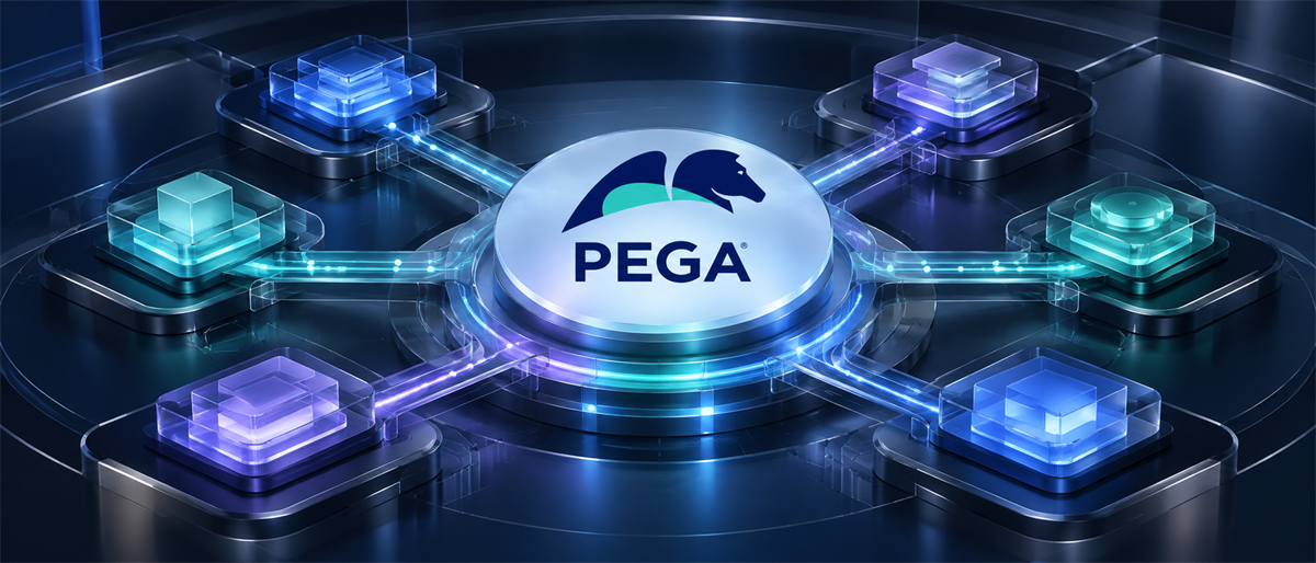 Pegasystems logo at the center of a digital network illustration with glowing connected nodes and data pathways.