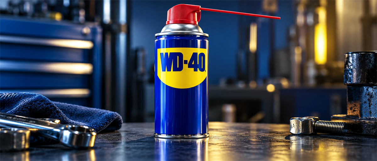 A can of WD-40 lubricant spray sits on a workbench surrounded by wrenches, bolts, and a shop towel.